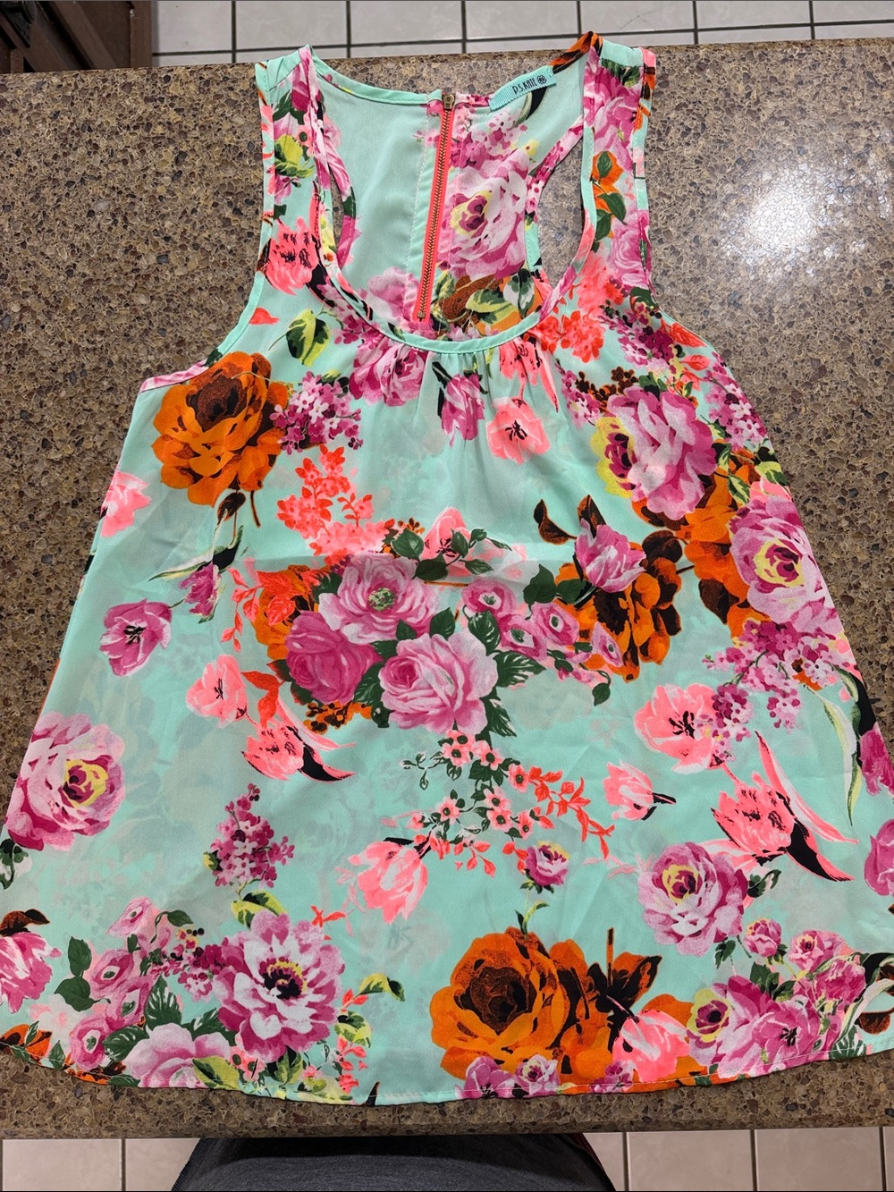 Floral Mint Tank Top with Pink & Orange Blooms
